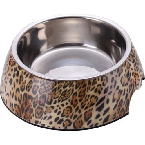 Leopard Style Small & Large Dog Bowl Melamine plastic Stainless Steel Bowl Pet Dog & Cat Feeding and Watering Supplier