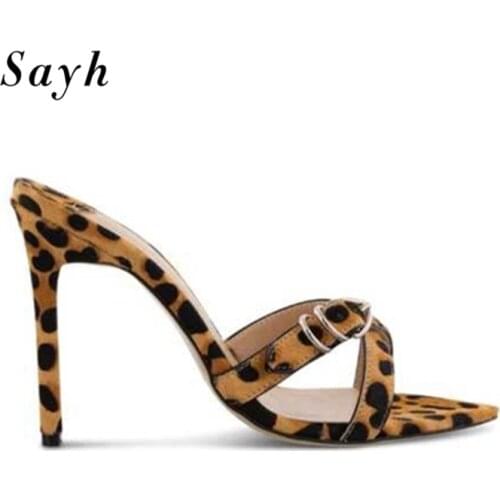 Fashion Women Buckle Sandals Pumps Peep Toe Mules Stilettos High-Heel Sandals Sexy Leopard Dress Shoes