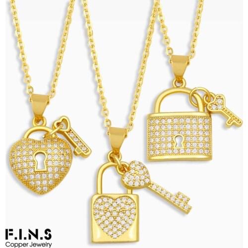 F.I.N.S White CZ Heart Lock Necklace For Women Micro Pave Padlock Key Necklace Pendant Gold Plated Jewelry Valentines Gifts