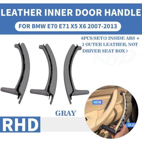 RHD Gray Leather Assembly Car Front Rear Left / Right Interior Inner Door Pull Handle Trim Cover Panel For BMW E70 E71 X5 X6