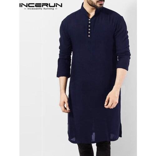 INCERUN Men Casual Shirt Cotton Long Sleeve Stand Collar Vintage Solid Stitched Long Tops Indian Clothes Pakistani Shirt S-5XL