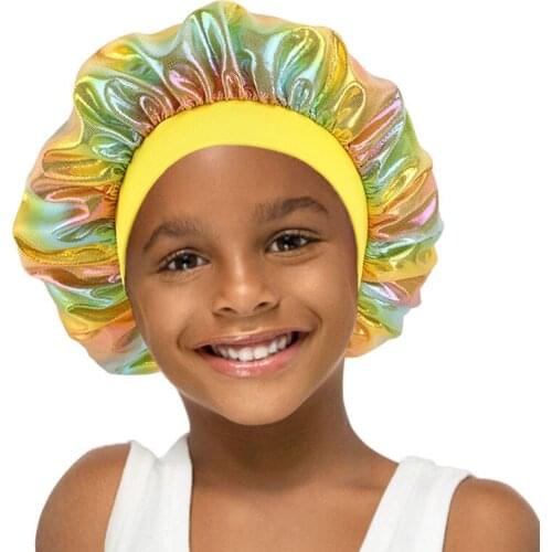 Kids Satin Wide Band Bonnet Children Silky Laser Sleep Cap Turban Chemo Hat