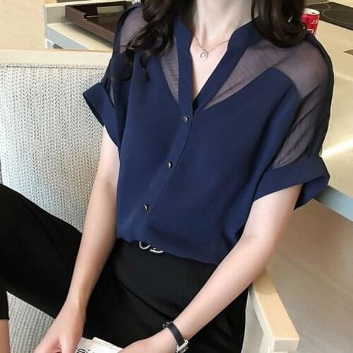 Chiffon Shirts Short Sleeve Women Summer All-Match Blouses Fashion Lace Splice V-Neck Loose Tops Blusas MM0339