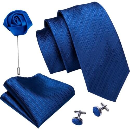 Blue Solid Striped Wedding Men Tie Silk Necktie Brooch Handkerchief Set Fashion Designer Ties For Men Groom Gift Dropshipping