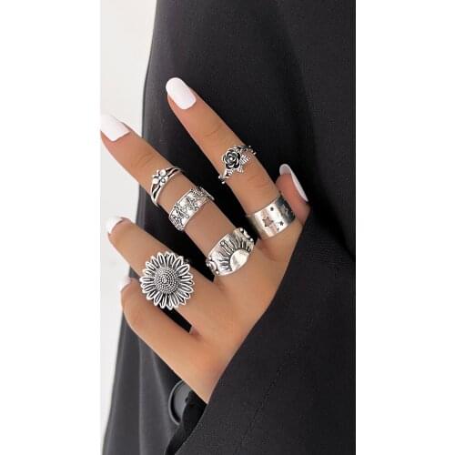 Stillgirl 6Pcs Vintage Silver Color Flower Rings for Women Punk Star Sun Set Couple EMO 2021 Trend Fashion Jewelry Anillos Mujer