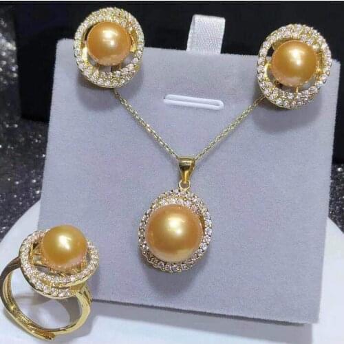 Light golder pearl pendant Necklace Earrings Ring Set Fine Bridal wide Collier Halsketten Big Sweater chain women queen