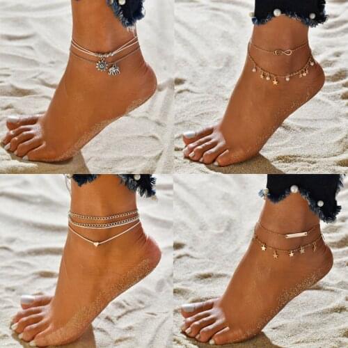 Vintage Multiple Layers Ankle bracelet Anklets for Women Boho Silver Color jewellery Leg Beach accessories Foot Sandals 2020