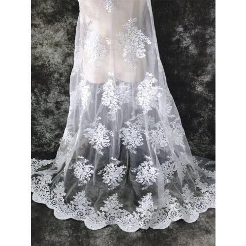 1 yard Embriodered Lace Fabric Sequins For Dress Sewing Tulle Curtin Cloth Ivory White