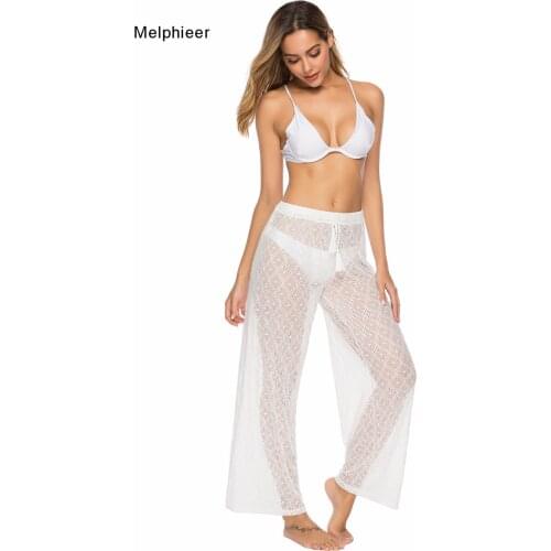 Melphieer Ladys 2020 Beachwear Clothing Lace Semi Sheer Trousers Drawstring Belt Tassel Beach Cover Pants Beach Cover Bottom