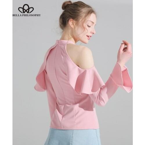 Bella Philosophy spring summer new ruffles halter neck off shoulder flare sleeve chiffon women shirt blouse