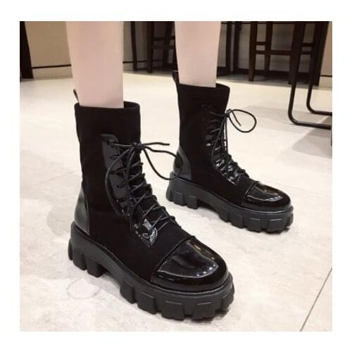 Womens winter Marten lace-up elastic boots medium stocking boots solid color platform boots