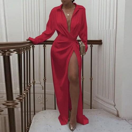 Dresses For Women 2021 Lapel Sexy Solid Twisted Design Shirt Dress Long Sleeve Summer High Split Maxi Dresses