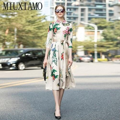 MIUXIMAO High Quailty 2020 Runway Design Sping Dress FlowerPrint Sleeveless Elegant Casual Dress Women Vestidos With Belt
