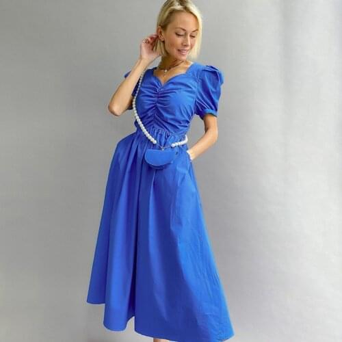 Solid Color Pleated Open Back Puff Sleeve Waist Dress New Fashion V-neck Mid-Calf Robe Female 2021 New Summer Casual Streetwear