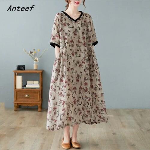Short sleeve cotton linen vintage floral dresses for women casual loose long woman summer dress elegant clothes 2021