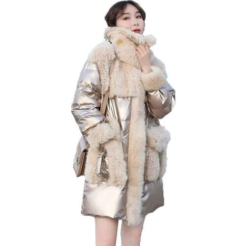 Winter Down Parka Wool Fur Jacket Women Bright face down cotton Outwear Female Elegant Patchwork Parkas Ladies Winter Coat women