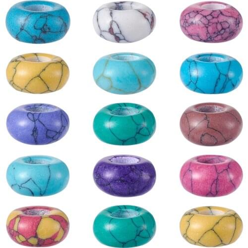 100pcs Dye Synthetic Gemstone European Round Beads Large Hole Rondelle Beads Accessories Mixed Color,14x7mm, Hole: 5mm