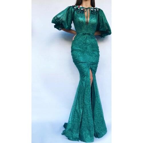 2021 Mermaid Sequin Flowers Prom Dresses Half Puffy Sleeves Split Front Formal Evening Dress Robe De Soiree