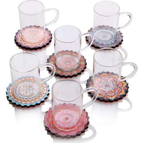 6 pcs Ceramic glaze Coasters Mandala Decorative Heat Resistant Wooden Birthday Gift Ottoman Turkish Moroccan Traditional Design