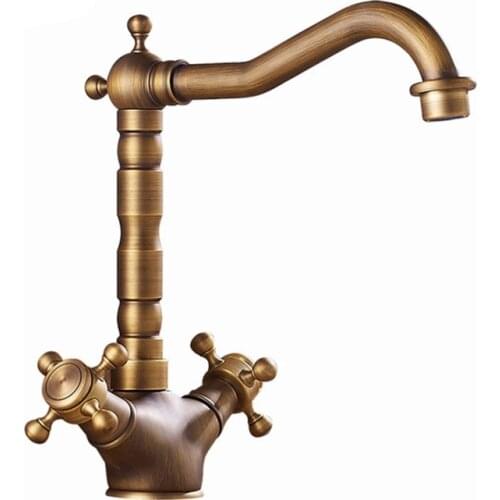 Antique Brass 2 Handles Basin Faucet 360 Swivel Bathroom Basin Sink Mixer Tap Crane Hot and Cold Water Bathroom Faucet