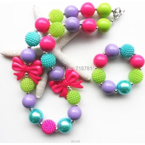 Big discount chuky necklace sets red bow pendant bubblegum beads necklace bracelet jewelry sets design for kids/girls/child