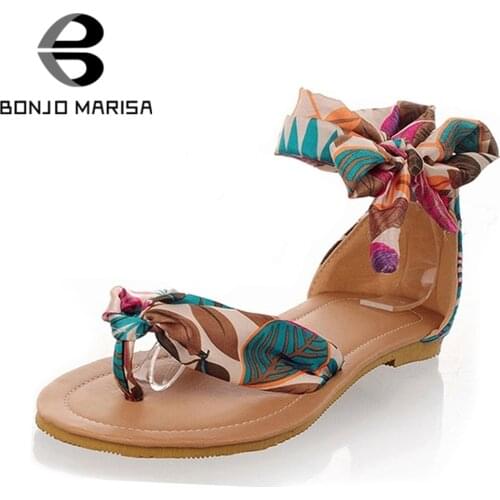 BONJOMARISA 2020 Plus Size 34-52 Flat Sandals Women Soft Casual Flower Print Women Sandals Summer Low Heel Beach Shoes Woman