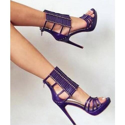 Free shipping rivets studded high heels sandal boots black/purple narrow band high heels platform sandal peep toe booties