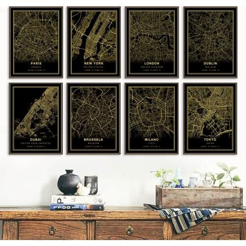 Amsterdam Dublin Paris London Customized City Map Print Black Golden Nordic Poster Wall Art Canvas Painting Living Room Decor