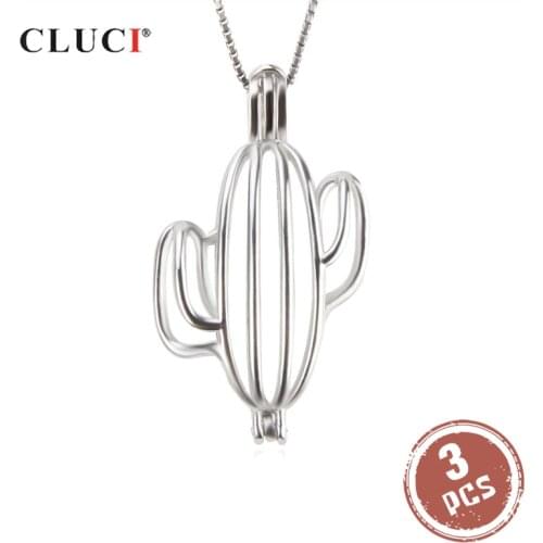 CLUCI 3pcs Silver 925 Cactus Shaped Pearl Pendant Locket for Women Necklace Making 925 Sterling Silver Cactus Pendant SC304SB