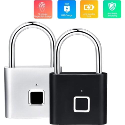 Black silver Keyless USB Rechargeable Door Lock Fingerprint Smart Padlock Quick Unlock Zinc alloy Metal Self Developing Chip