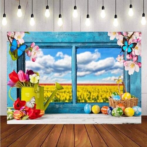 Easter BackdropBlue Wooden Window Tulips Blurred Sky Baby Shower Birthday Party Photo Background Banner Decoration