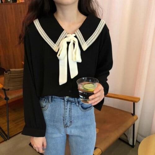 Deeptown Kawaii Shirt Women Vintage Elegant Beautiful Blouse with Bow Tie Korean 2021 Mori Girl Black Button Up Tops Cottagecore