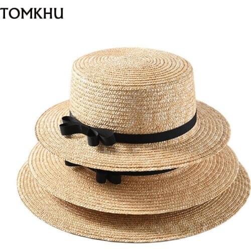 Classical Women Summer Hat Ribbon Bowknot Straw Hat Flat Top Sun Hat For Ladies Fedoras Boater Derby Chapeu Feminino Beach Caps