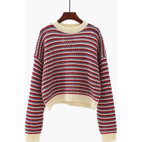 High waist short striped pullover knitted womens 2021 autumn and winter new Korean style loose outer wear student sweater