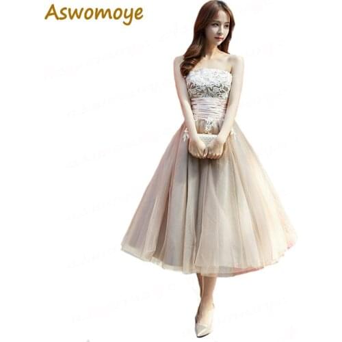 Champagne Short Evening Dress 2018 New Fashion Appliques Floral Pattern Party Formal Dresses Sexy Strapless Dress robe de soiree