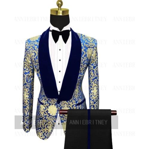 Newest Printed Flower Navy Blue Suits Men Slim Fit One Button Lapel Wedding Velvet for Groom Formal Dinner Blazer Jacket Pants