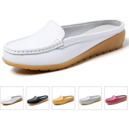 Summer Genuine Leather Women Flats Hollow Slip On Leather Loafers Ladies Shoes Korean Style Soft Moccasins Half Slippers Size 43