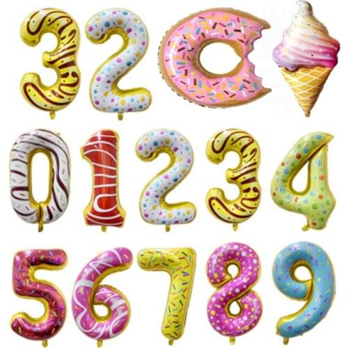 Cute Donut Happy Birthday Party Balloons 32inch Number Foil Balloon Ice Cream Food Shapes Kids Baptism Balloon Party Decoration