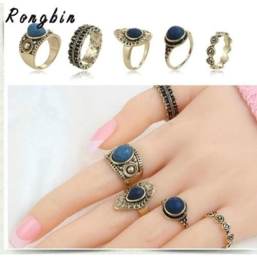 5 PCS Vintage Ring Sets Antique Alloy Nature Blue Stone Midi finger Rings for Women Steampunk Turkish Ring Anillos Dropship