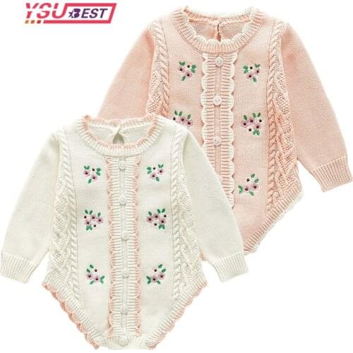 Autumn Baby Girl Rompers Girl Long Sleeves Knit Flowers Embroider Rompers Ruffle Baby Girl Newborn Rompers Clothes Princess