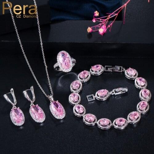Pera Sweet 4 Pcs Oval Pink CZ Crystal Long Drop Round Pendant Necklace Kits Party Costume Jewelry Sets for Women Fashion J131