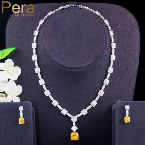 Pera Shiny Yellow Cubic Zirconia Dangle Square Necklace Earrings Jewelry Sets for Ladies Fashion Wedding Party Brand Design J407