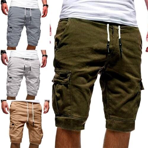 Summer Men Military Cargo Shorts Solid Color Multi Pockets Men Loose Drawstring Knee Length Shorts for Jogging Male Clothes