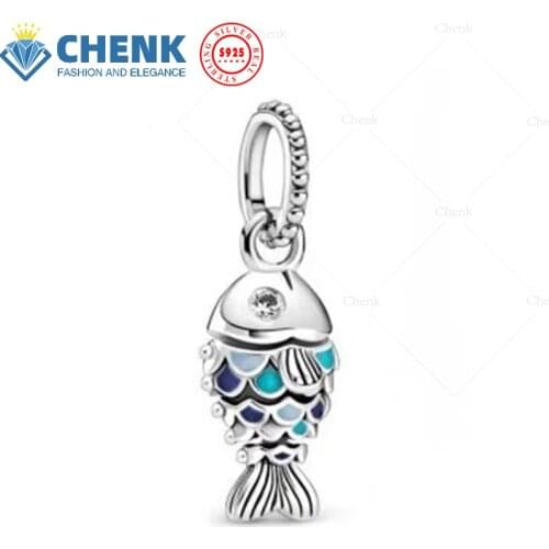 Blue Scaled Fish Dangle Charm 100% 925 Sterling Silver High Quality Jewelry Accessories China Factory Wholesale Original