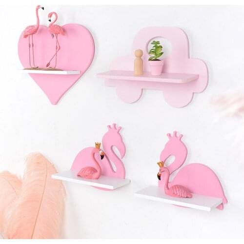 Nordic Kids Room Wall Decoration Rack Cute Pink Crown Car Flamingo Wooden Shelf Ornaments Dispaly Nursery Children Home Decor