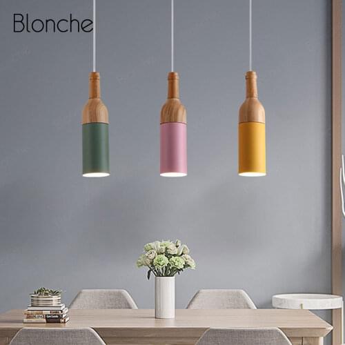 Nordic Wine Bottle Pendant Lights Modern Iron Wood Hanging Light Fixtures for Indoor Dining Room Cafe Bar Decor Hanging Lamp