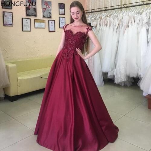 HONGFUYU vestidos de fiesta Wine Red Evening Dresses Long 2020 Scoop Cap Sleeves robe de soiree Prom Party Dress Beading Satin