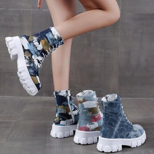 2021 Women Ankle Boots Females Footwear Mixed Colored Cowboy Upper Lace Up Side Zipper Ladies Flat Platform Comfortable Elegant