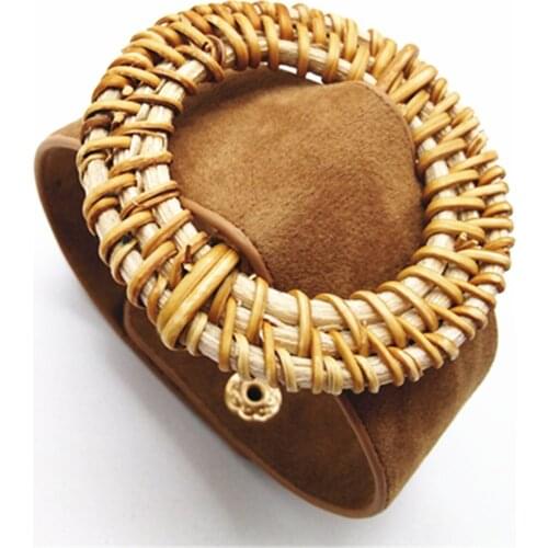 Khaki Statement Rattan Circle Ethnic Trendy Wide Leather Bracelets Women Fashion Girl Cuff Bangle Female Jewelry geometric