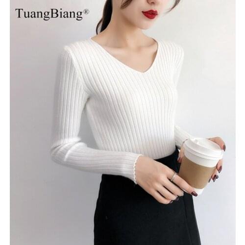 Knitted V-Neck Ribbed Women Slim Long Sleeve Sweaters 2020 Autumn Winter Basic Elastic Pullover Ladies White Blue Pink Knit Tops